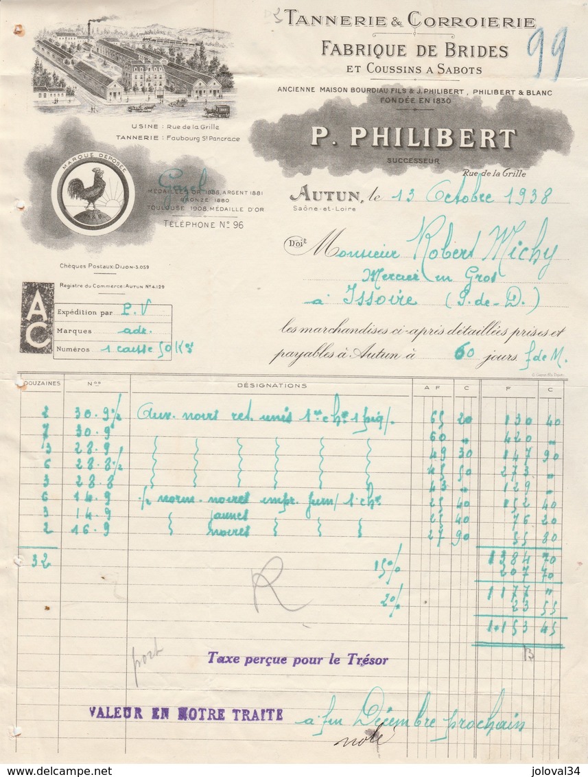 Facture Illustrée Coq 13/10/1938 PHILIBERT Brides Et Coussins à Sabots  AUTUN Saône Et Loire - 1900 – 1949