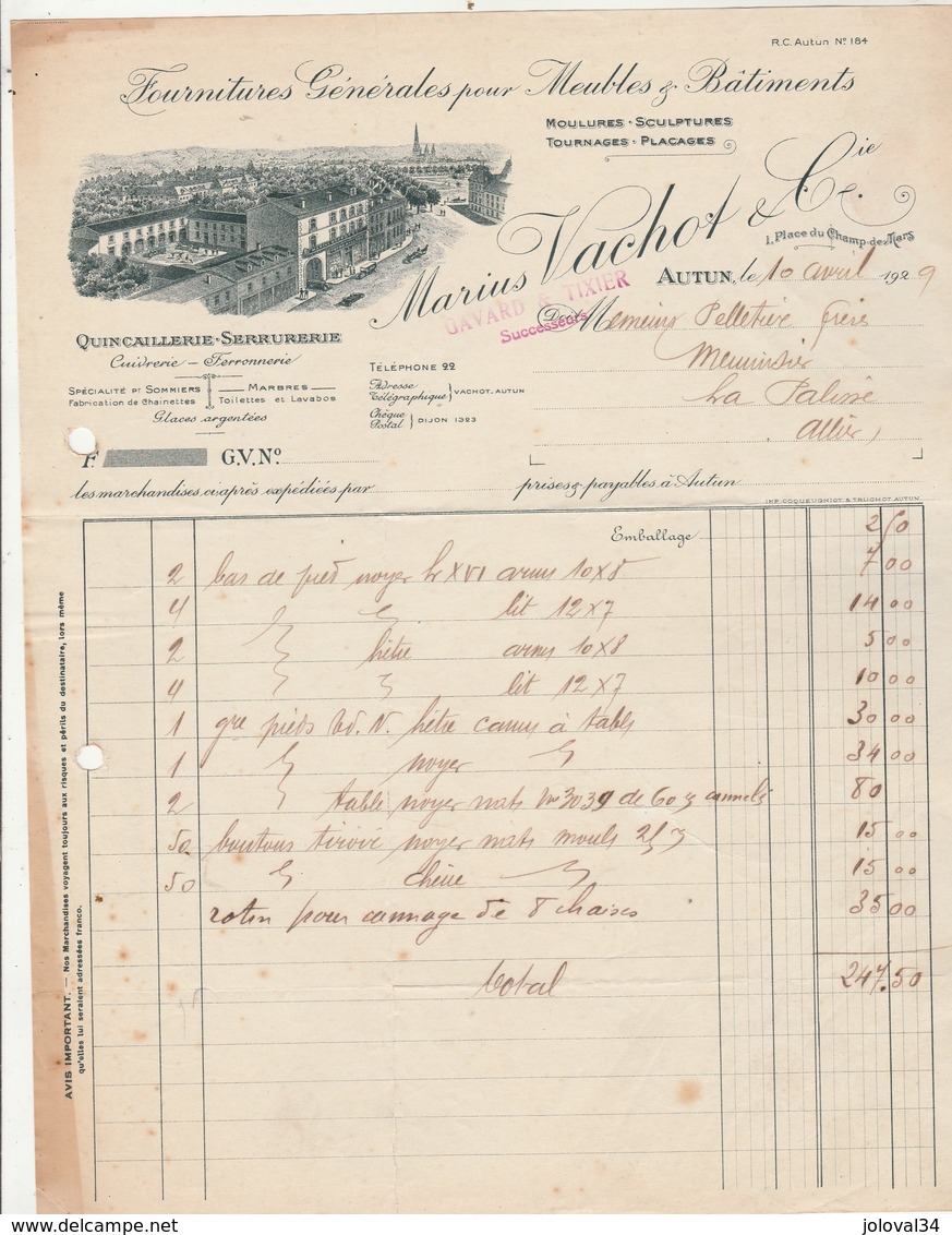 Facture Illustrée 10/4/1929 VACHOT Fournitures Meubles Moulures Sculptures AUTUN Saône Et Loire - 1900 – 1949