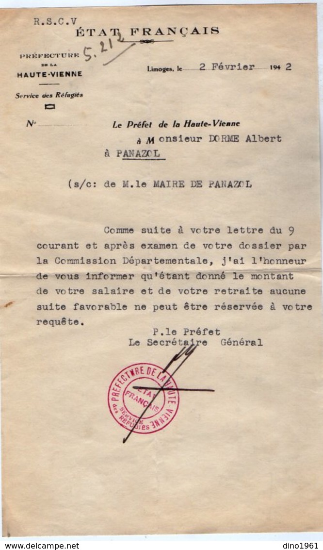 VP14.258 - LIMOGES 1942 - Lettre De La Préfecture De La Haute - Vienne à Mr DORME Ex Gendarme à PANAZOL - Documents Historiques