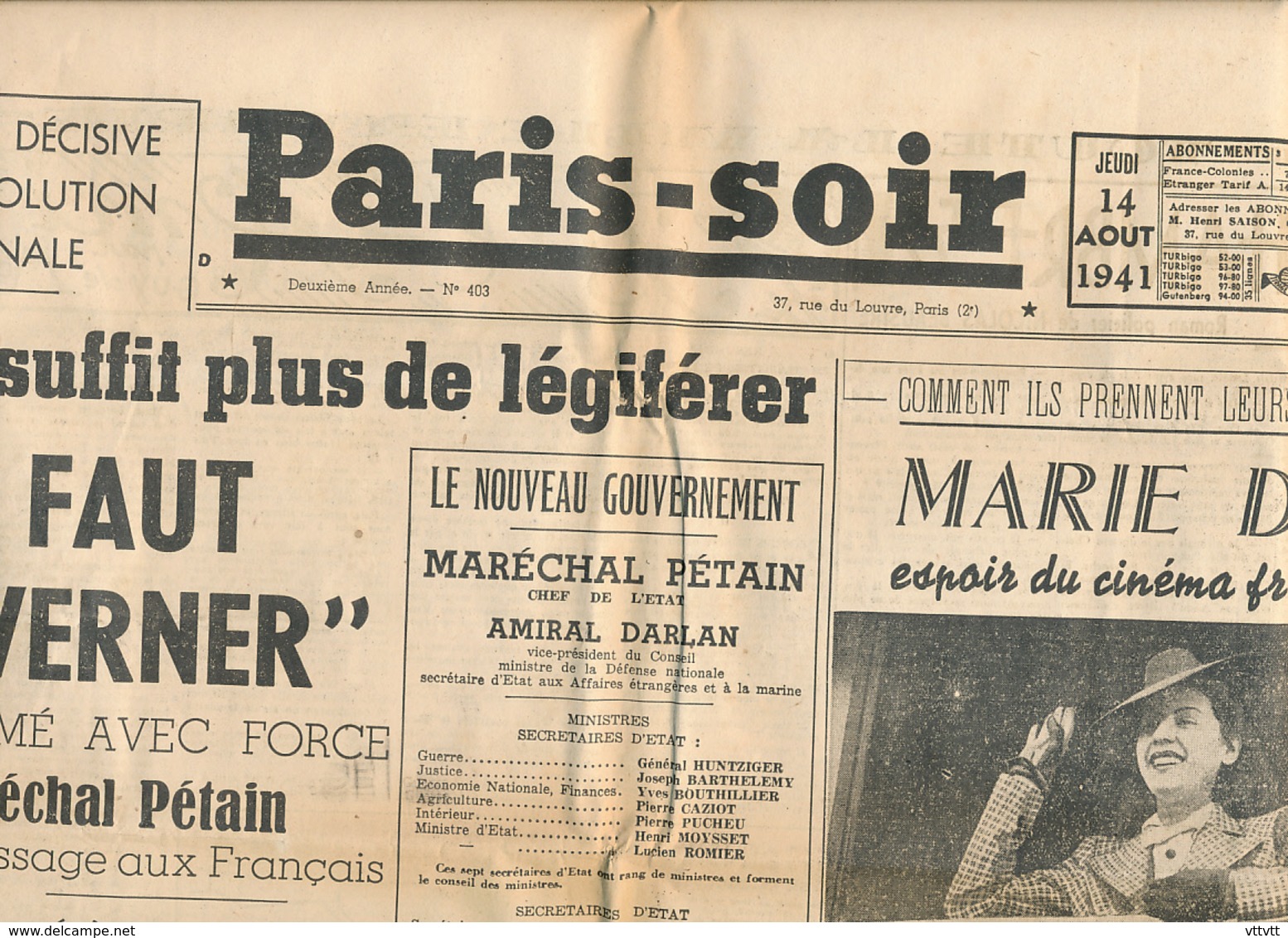 PARIS-SOIR, N° 403, Jeudi 14 Août 1941, Maréchal Pétain, Amiral Darlan, Nouveau Gouvernement, Marie Déa, Visama... - Autres & Non Classés