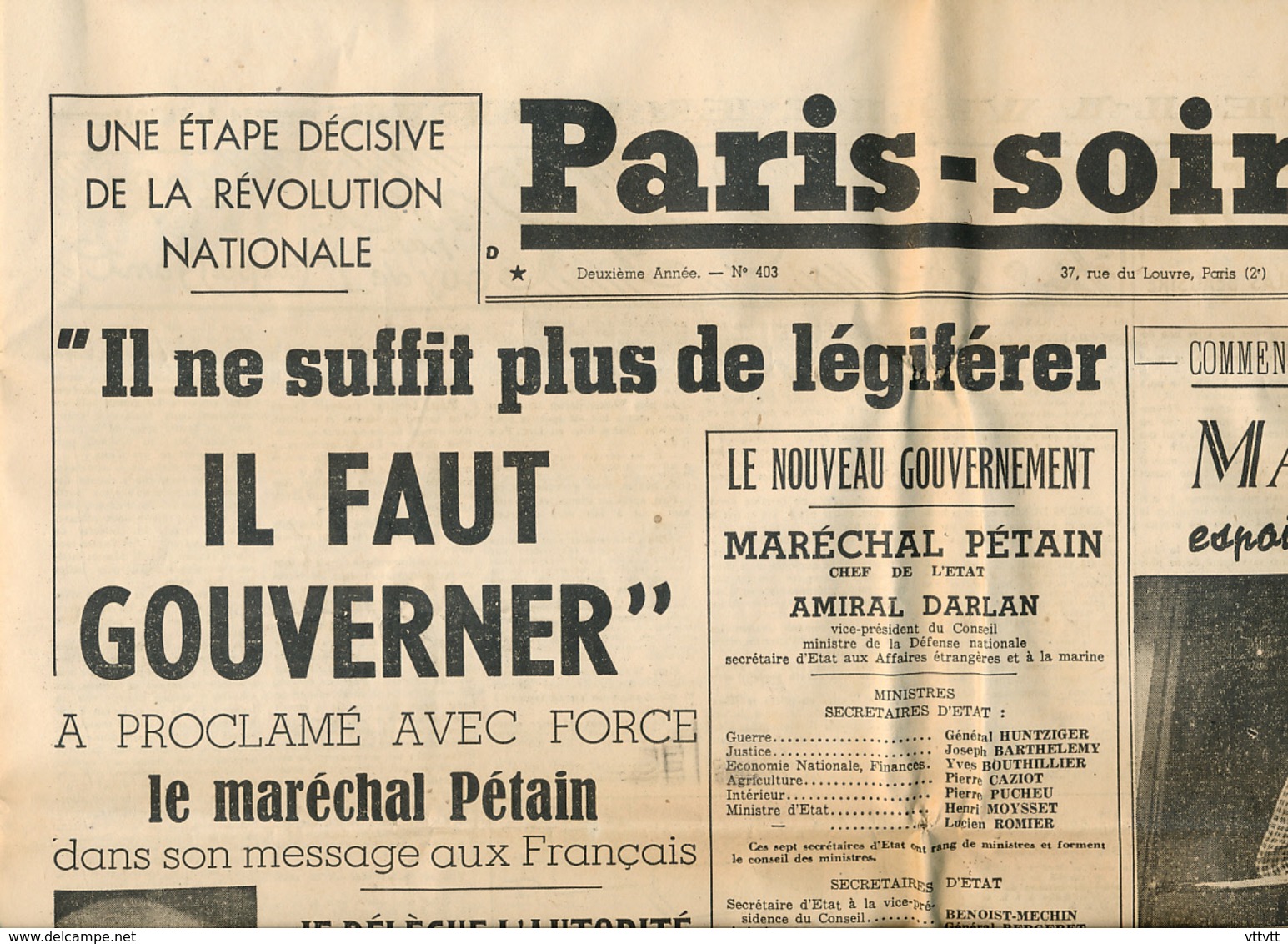 PARIS-SOIR, N° 403, Jeudi 14 Août 1941, Maréchal Pétain, Amiral Darlan, Nouveau Gouvernement, Marie Déa, Visama... - Autres & Non Classés