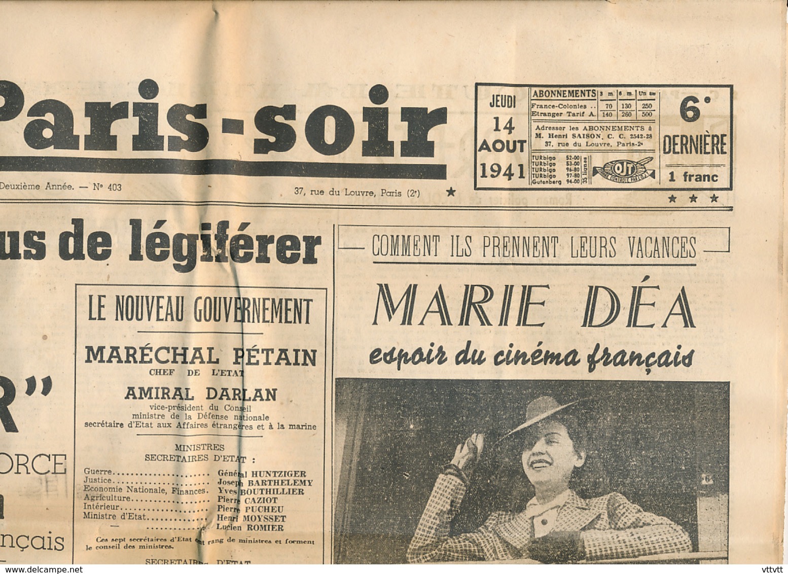 PARIS-SOIR, N° 403, Jeudi 14 Août 1941, Maréchal Pétain, Amiral Darlan, Nouveau Gouvernement, Marie Déa, Visama... - Autres & Non Classés