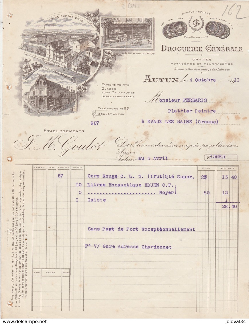 Facture Illustrée 4/10/1911 GOULOT Droguerie Graines Papier Peint  Glaces AUTUN Saône Et Loire - 1900 – 1949