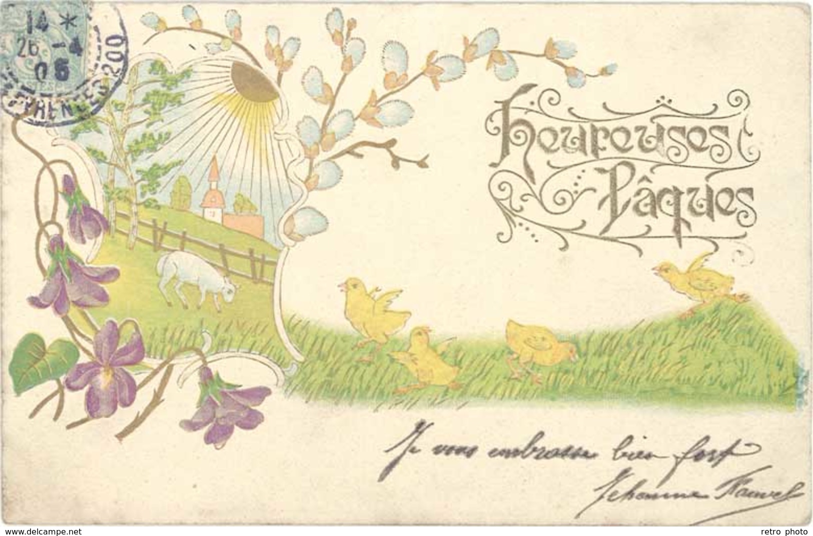 Cpa Fantaisie : Heureuses Pâques – Poussins, Mouton, Soleil ( Gaufrée ) - Autres & Non Classés