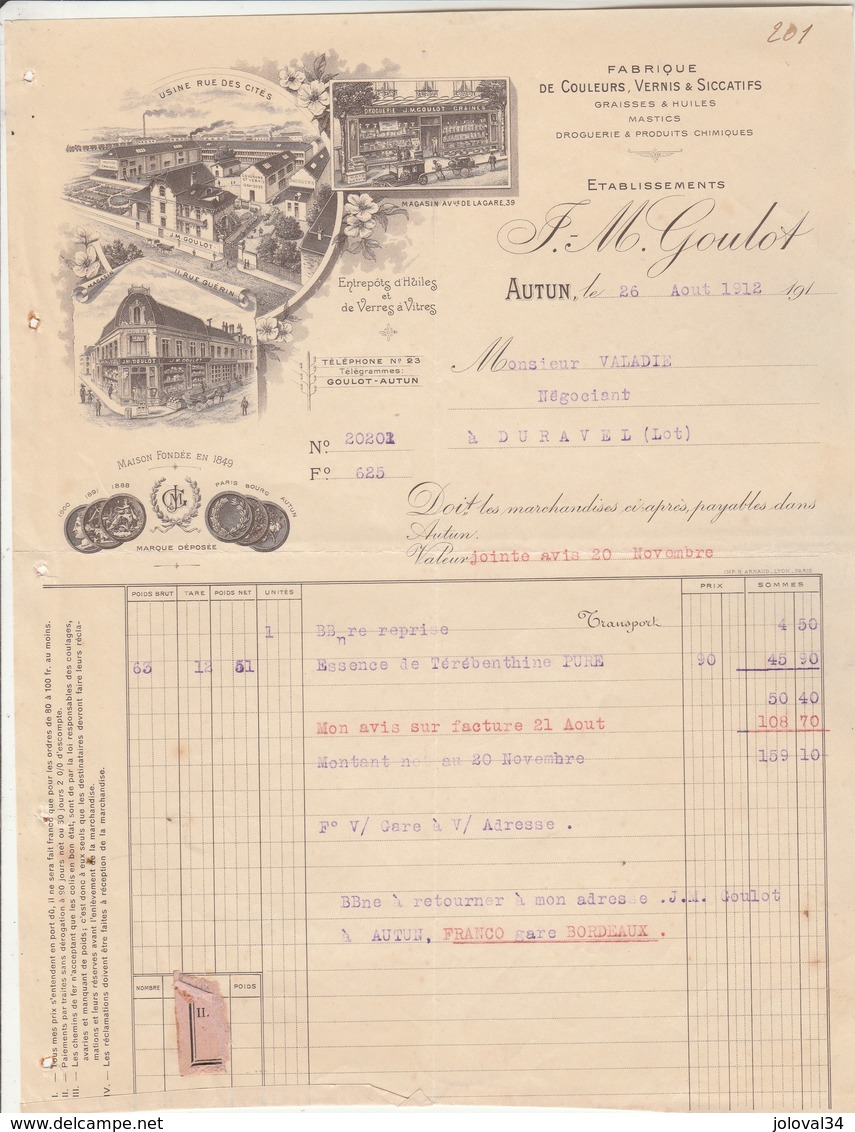 Facture Illustrée 26/8/1912 GOULOT Fabrique Couleurs Vernis Mastics  AUTUN Saône Et Loire - 1900 – 1949