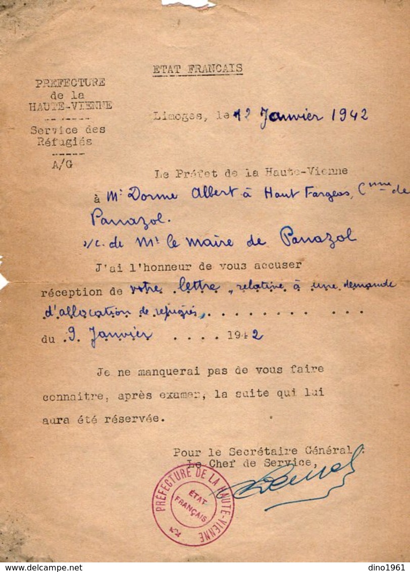 VP14.259 - LIMOGES 1942 - Lettre De La Préfecture De La Haute - Vienne à Mr DORME Ex Gendarme à PANAZOL - Documents Historiques