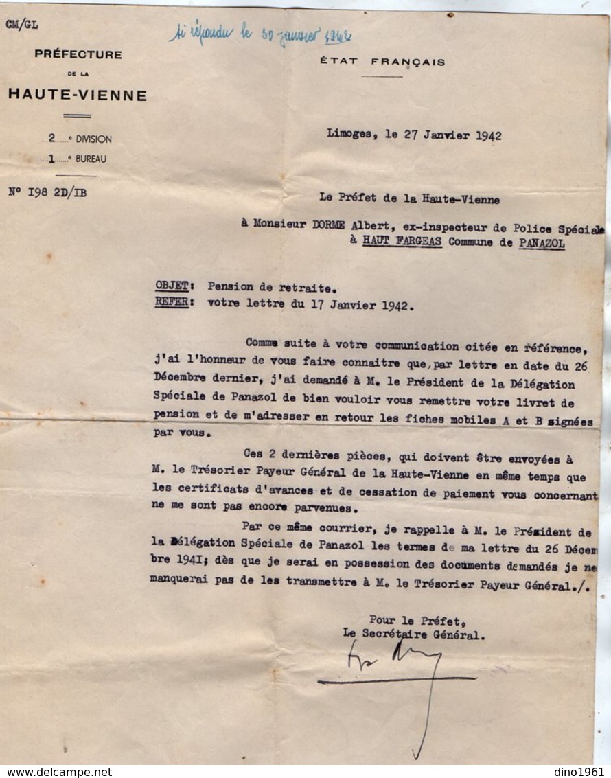 VP14.260 - LIMOGES 1942 - Lettre De La Préfecture De La Haute - Vienne à Mr A. DORME Ex Inspecteur De Police à PANAZOL - Documents Historiques