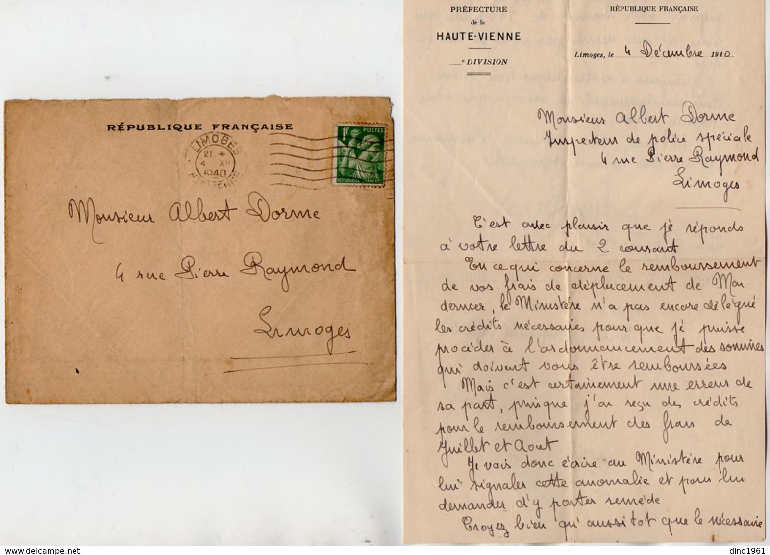 VP14.261 - LIMOGES 1940 - Lettre De La Préfecture De La Haute - Vienne à Mr A. DORME Ex Inspecteur De Police Spéciale - Documenti Storici