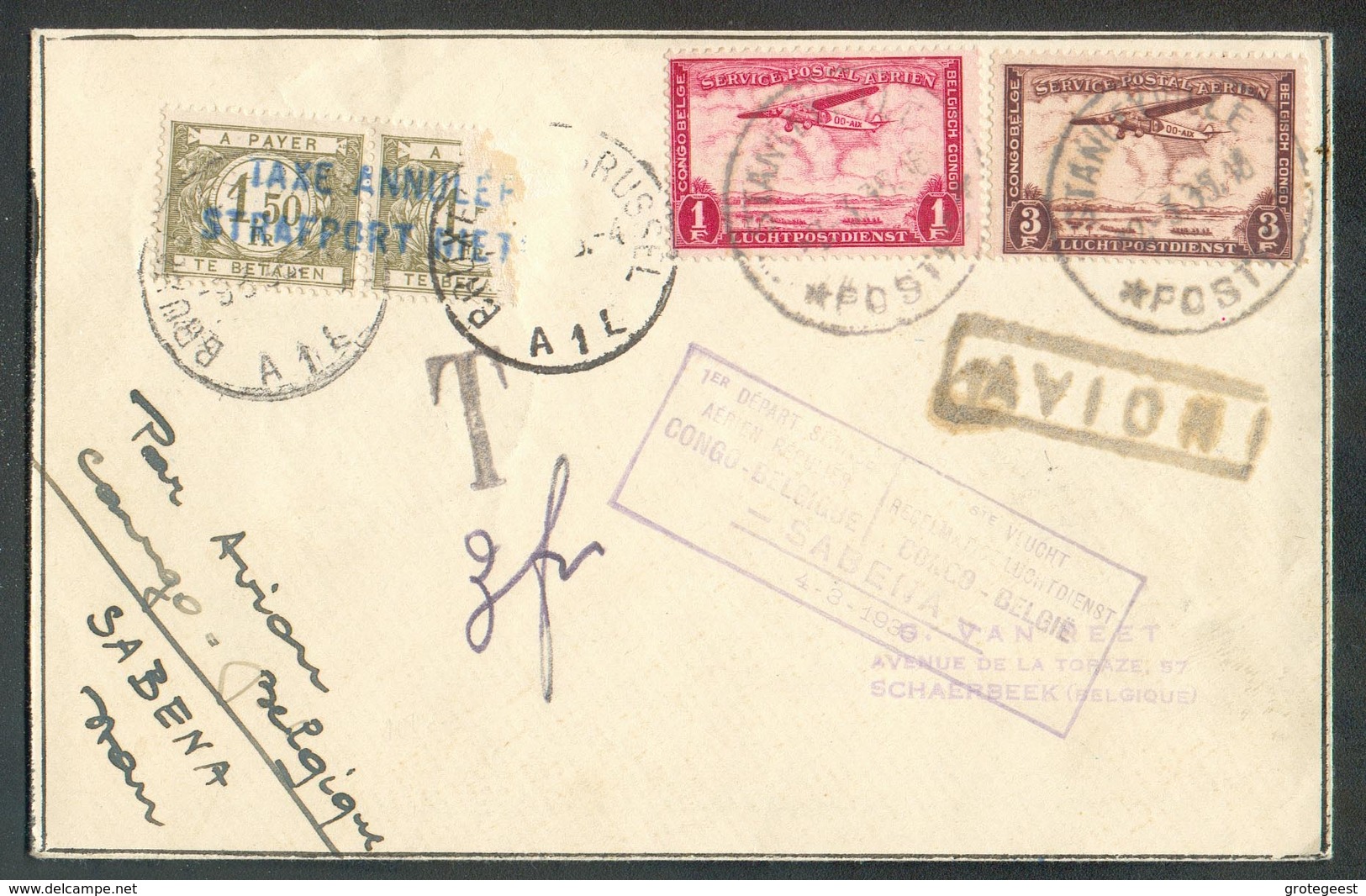 PA 1Fr. + 3Fr. Obl. Sc STANLEYVILLE Sur Enveloppe Par AVION Du 3-3-1935 Vers SChaerbeek Via Coquilhatville Et Bruxelles - Covers & Documents