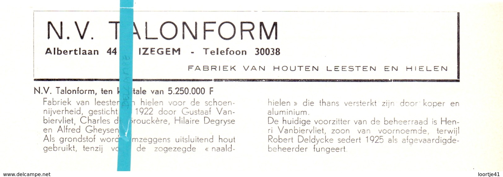 Pub Reclame Org. Knipsel Tijdschrift - Houten Leesten NV Talonform - Izegem -  Ca 1960 - Publicités