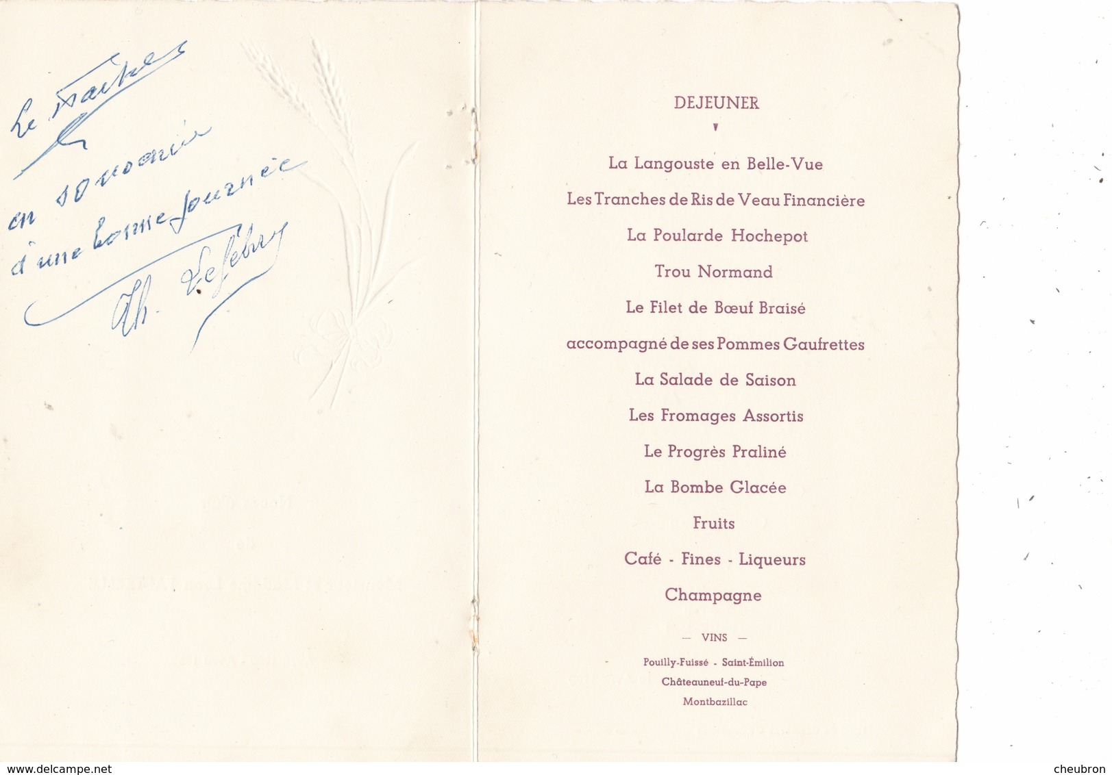 76. GAILLEFONTAINE.  MENU DEJEUNER - DINER " TRAITEUR LEFEBVRE " HOTEL DU COMMERCE LE 22 MAI  1950 - Menu