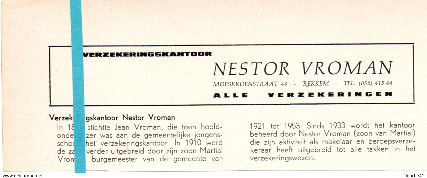 Pub Reclame Org. Knipsel Tijdschrift - Verzekeringen Nestor Vroman - Rekkem -  Ca 1960 - Publicités