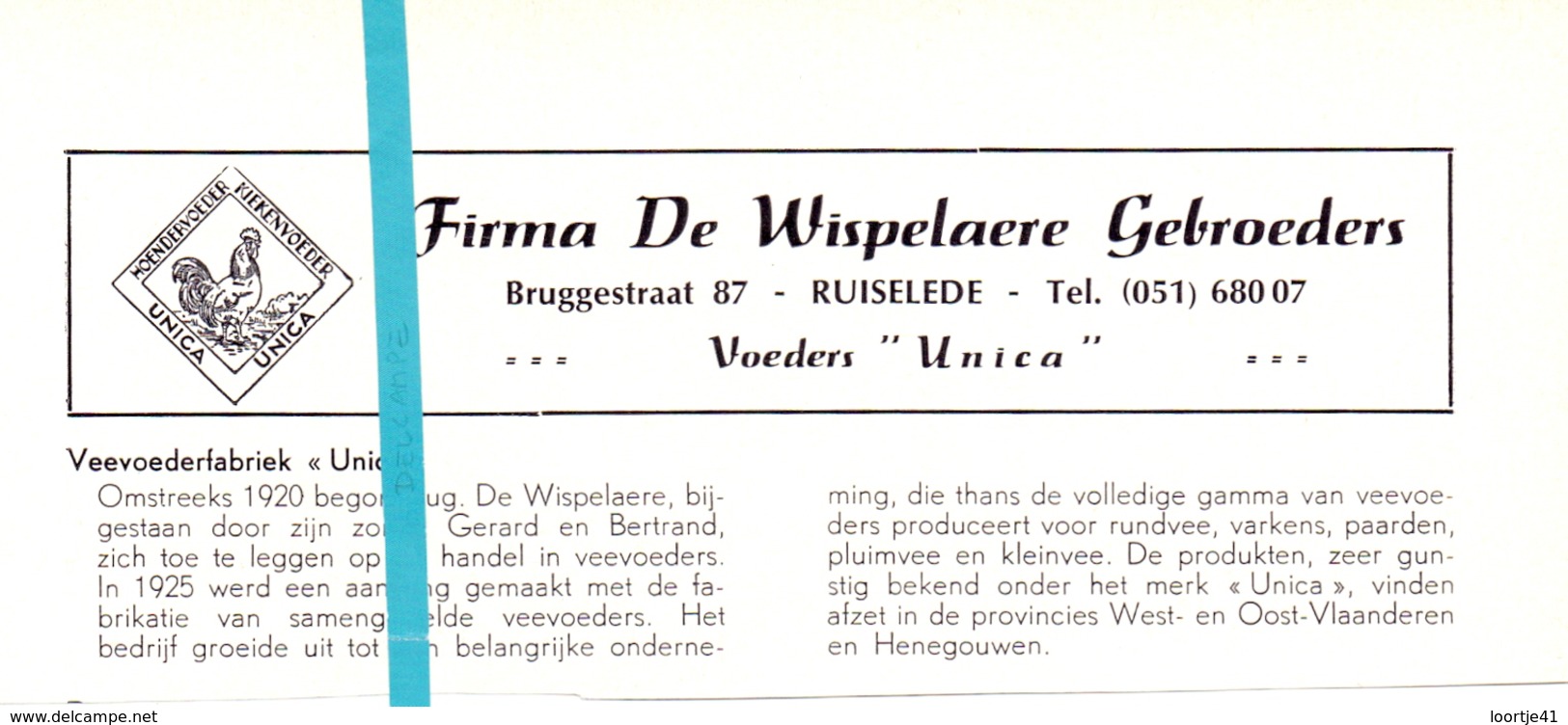 Pub Reclame Org. Knipsel Tijdschrift - Veevoeders Unica - Firma De Wispelaere Gebrs - Ruiselede -  Ca 1960 - Publicités