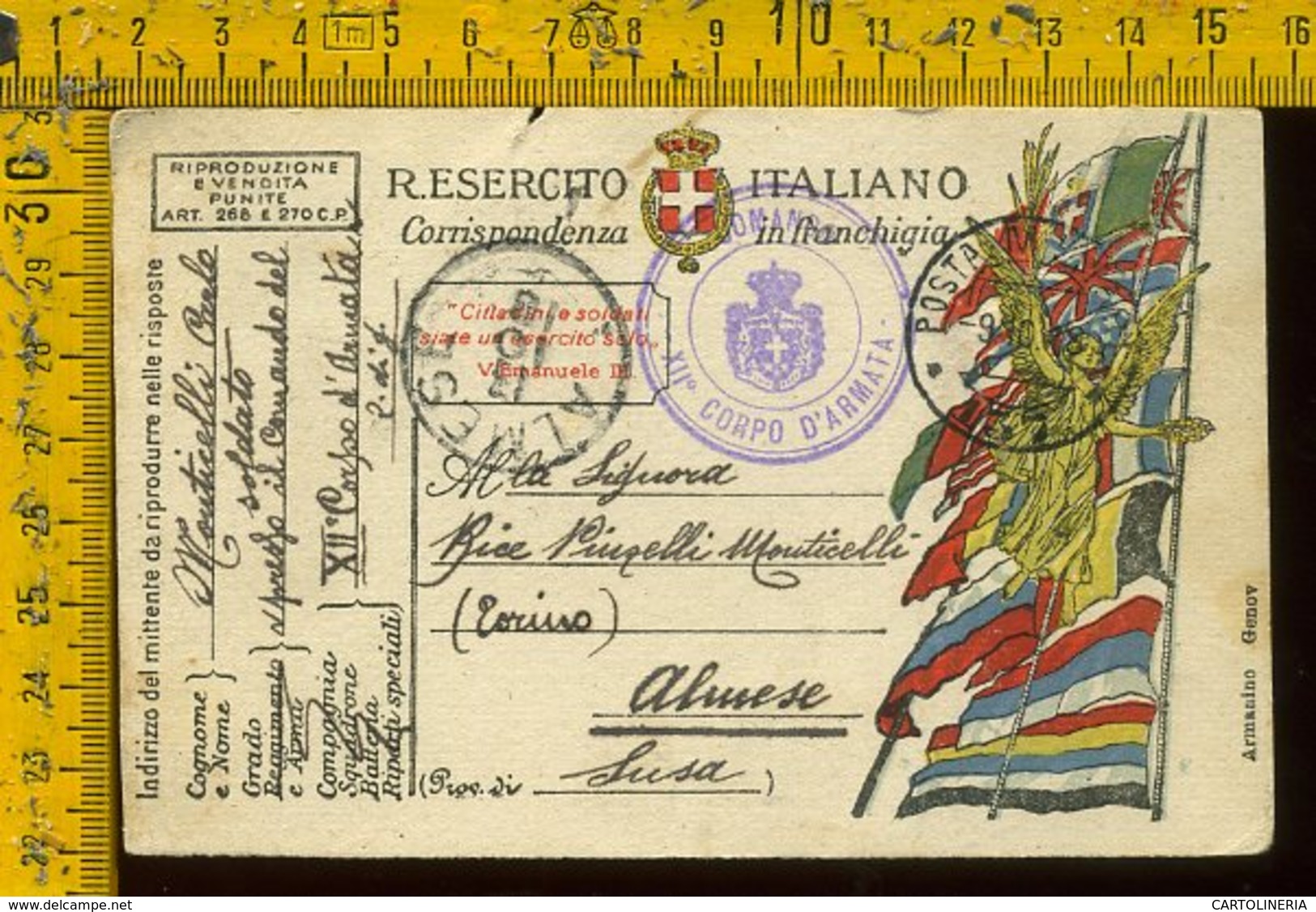 Regno WW1 Prima Guerra Franchigia Posta Militare 137 Per Almese Susa Torino - Storia Postale