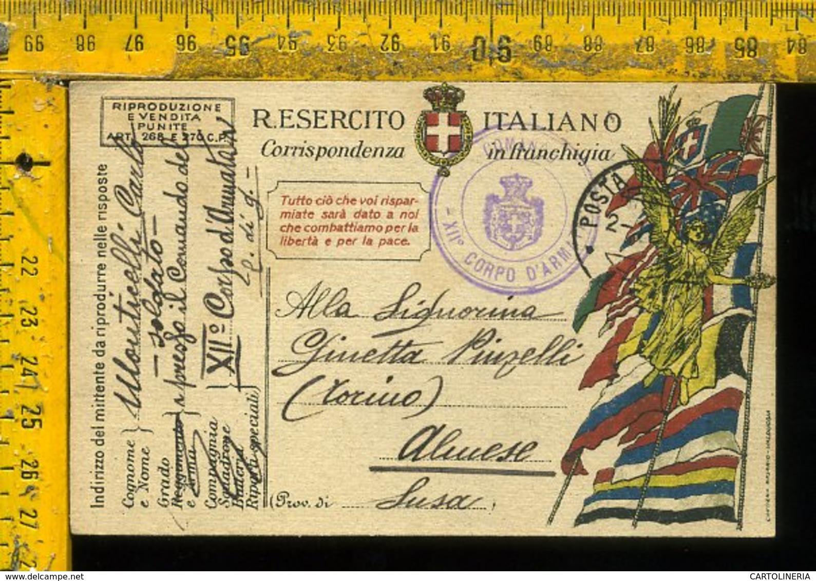 Regno WW1 Prima Guerra Franchigia Posta Militare 137 Per Almese Susa Torino - Storia Postale