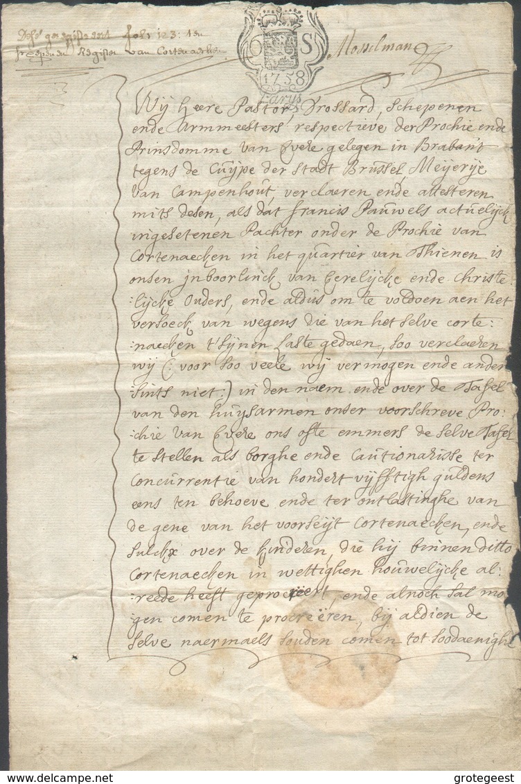 Document Avec Timbre Fiscal De 6S. 1758 En Langue Nérlandaise D'un Curé (RASQUIN) De La Paroisse D'EVERE (BRUXELLES - BR - 1714-1794 (Pays-Bas Autrichiens)