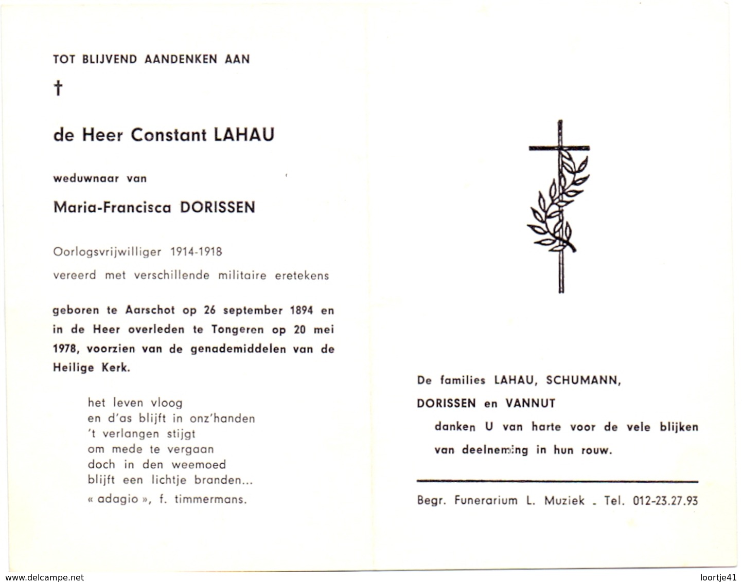 Devotie - Doodsprentje Oudstrijder Constant Lahau - Aarschot 1894 - Tongeren 1978 - Overlijden