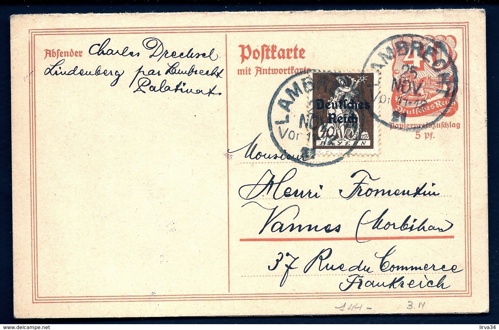 ENTIER POSTAL DOUBLE 40 Pf + TIMBRE 40 Pf ALLEMAGNE SURCHARGÉ -1921 POUR FRANCE +CARTE REPONSE 40 Pf 2 SCANS - Covers & Documents