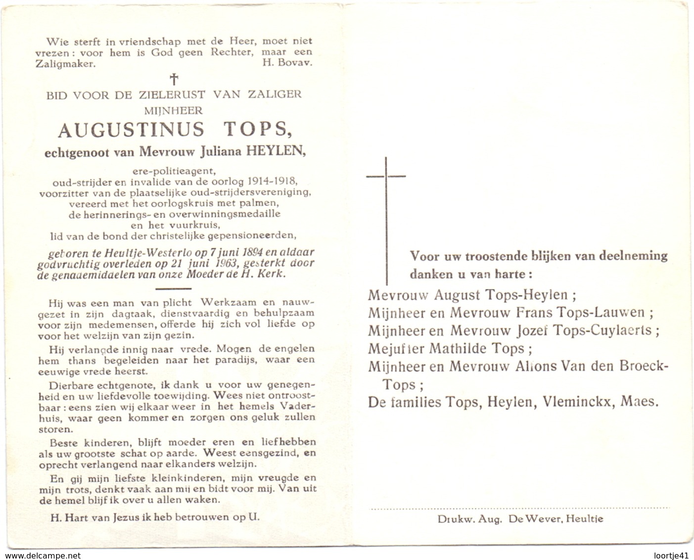 Devotie - Doodsprentje Oudstrijder - Ere Politieagent Augustinus Tops - Heultje Westerlo 1894 - 1963 - Décès