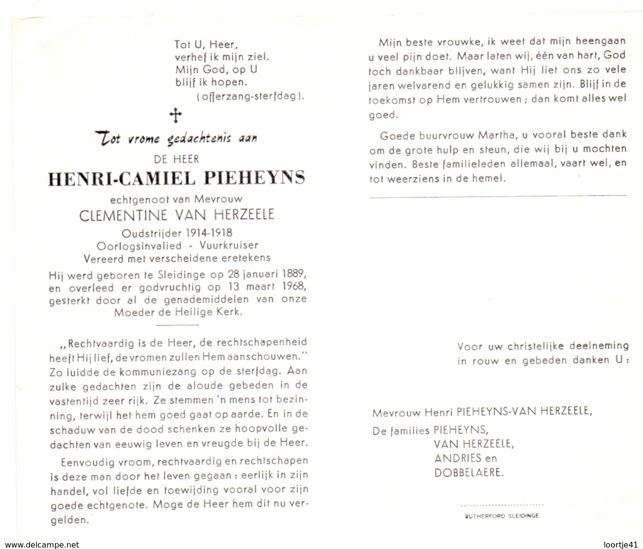 Devotie - Doodsprentje Oudstrijder - Henri Camiel Pieheyns - Sleidinge 1889 - 1968 - Overlijden