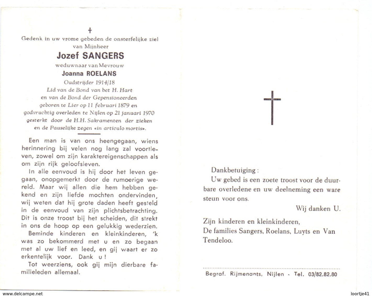 Devotie - Doodsprentje  - Jozef Sangers - Lier 1879 - Nijlen 1970 - Overlijden