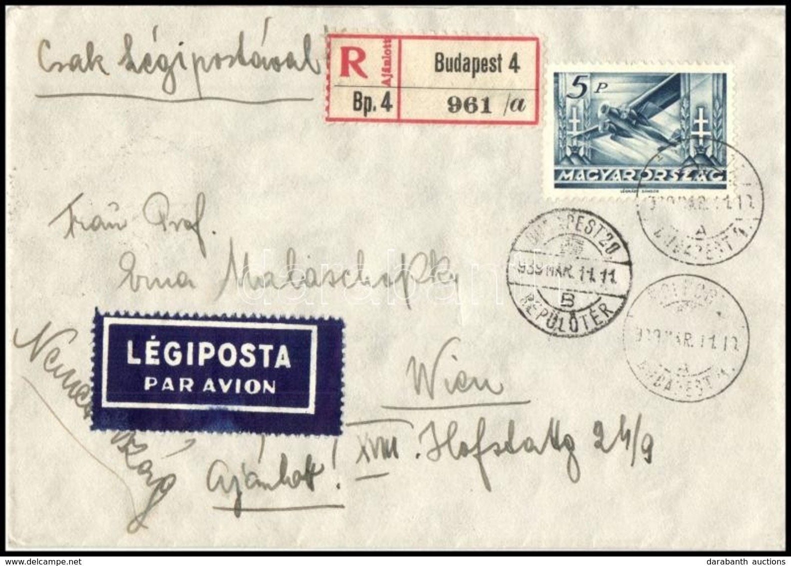 1936 Repülő 5P Ajánlott Légi Levélen, Ritka! - Other & Unclassified