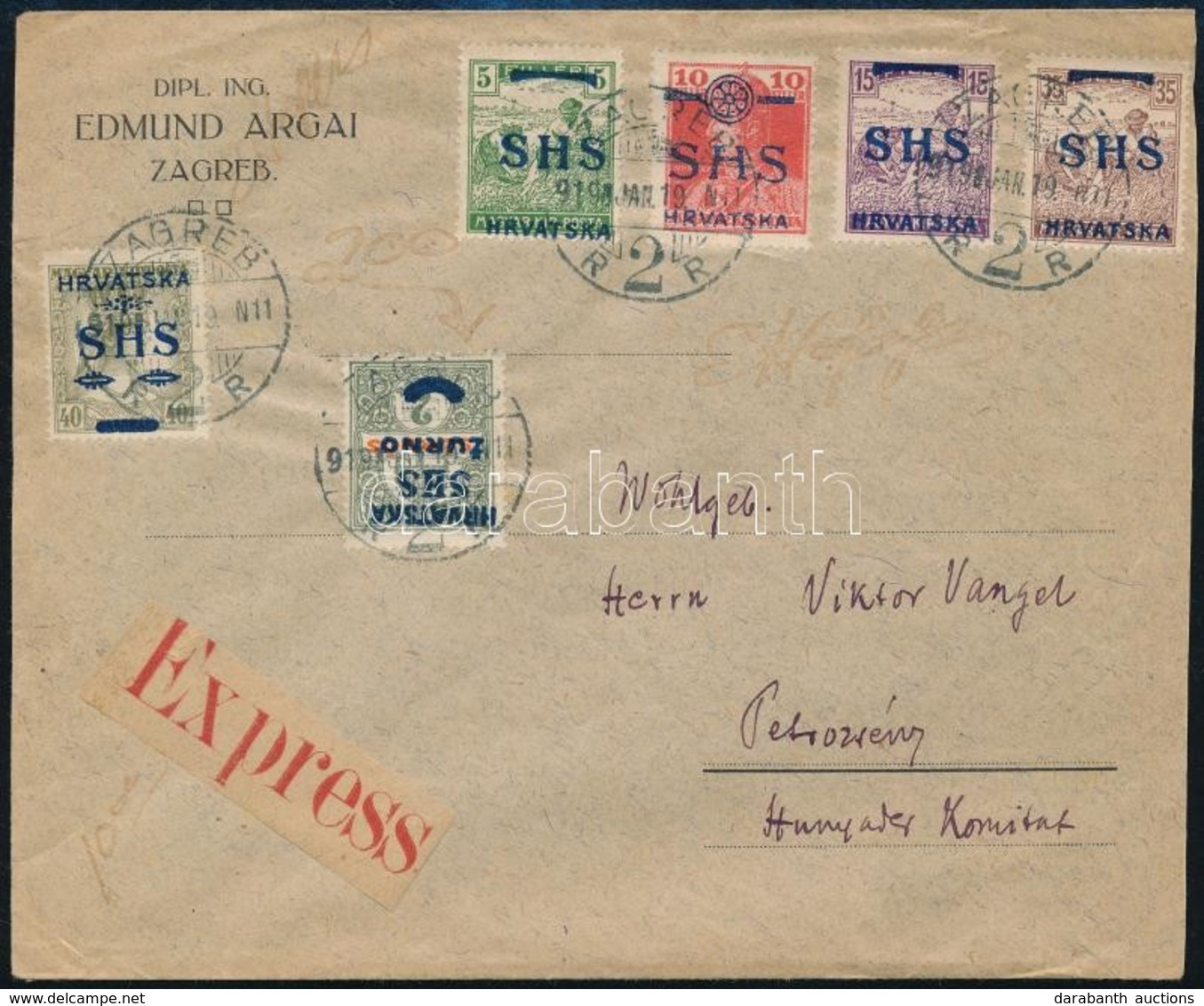 SHS 1919 Expressz Levél 6 Bélyeggel Bérmentesítve 'ZAGREB' - Petrosény Garantáltan Valódi, Flasch Garancia Bélyegzéssel - Other & Unclassified