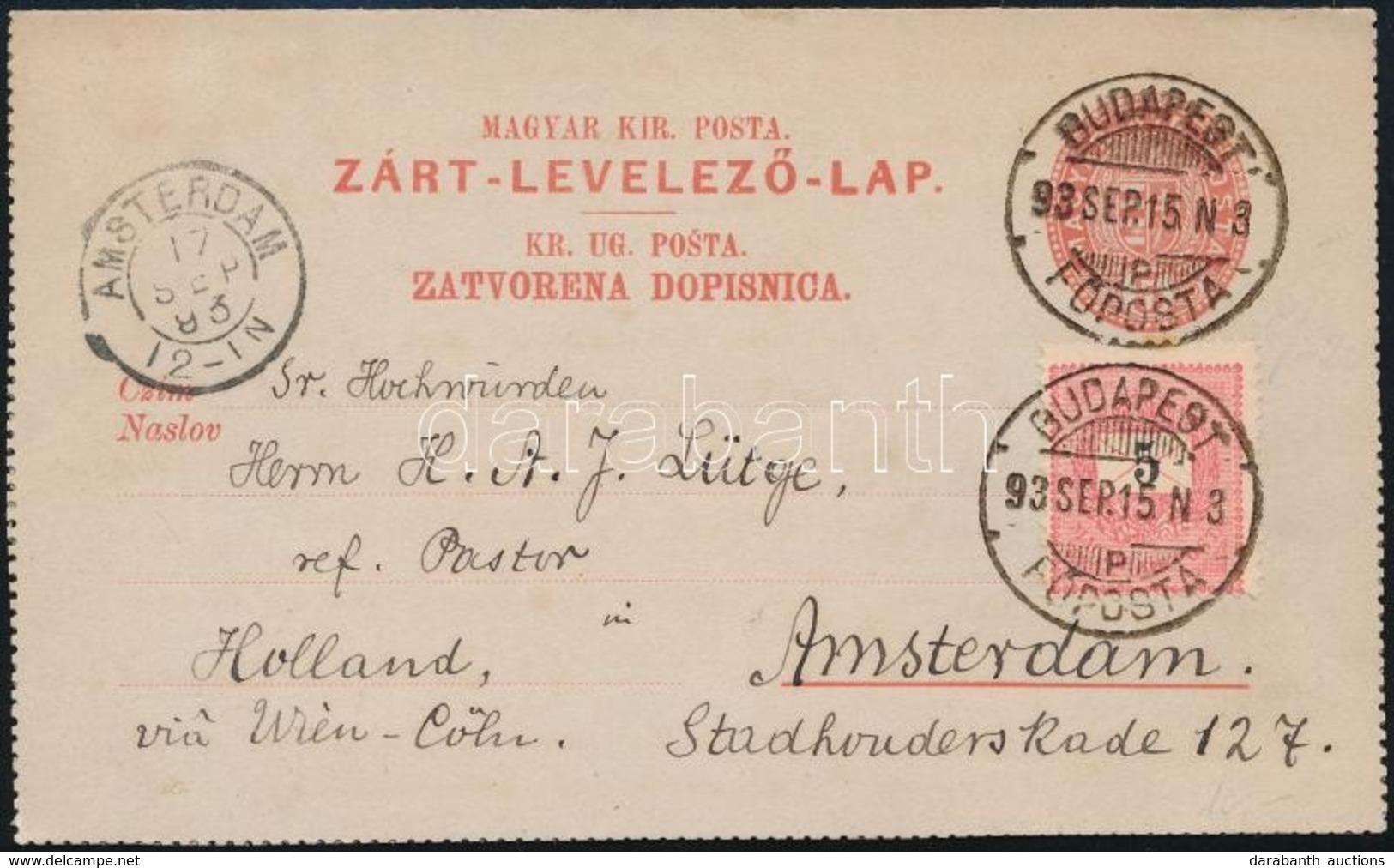 1893 5kr Zárt Levelezőlap 5kr Díjkiegészítéssel 'BUDAPEST' - 'AMSTERDAM' Ritka, Szép Darab - Other & Unclassified