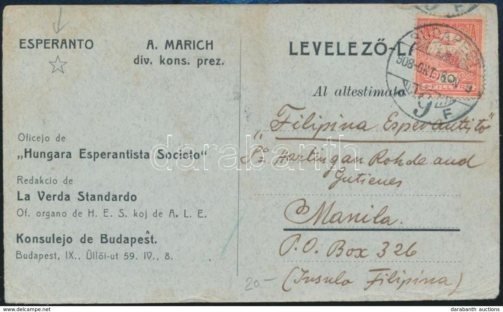 1908 Eszperantó Levelezőlap Budapestről A Fülöp-szigetekre - Other & Unclassified