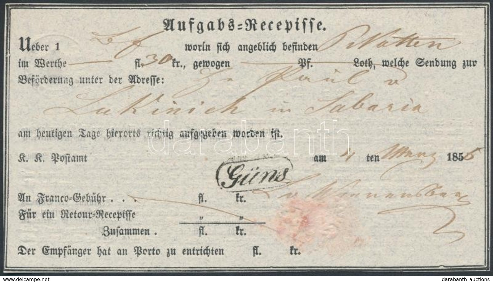 1856 Aufgabs Recepisse Rendkívül Ritka 'GÜNS' Bélyegzéssel (Gudlin 600 Pont) - Other & Unclassified