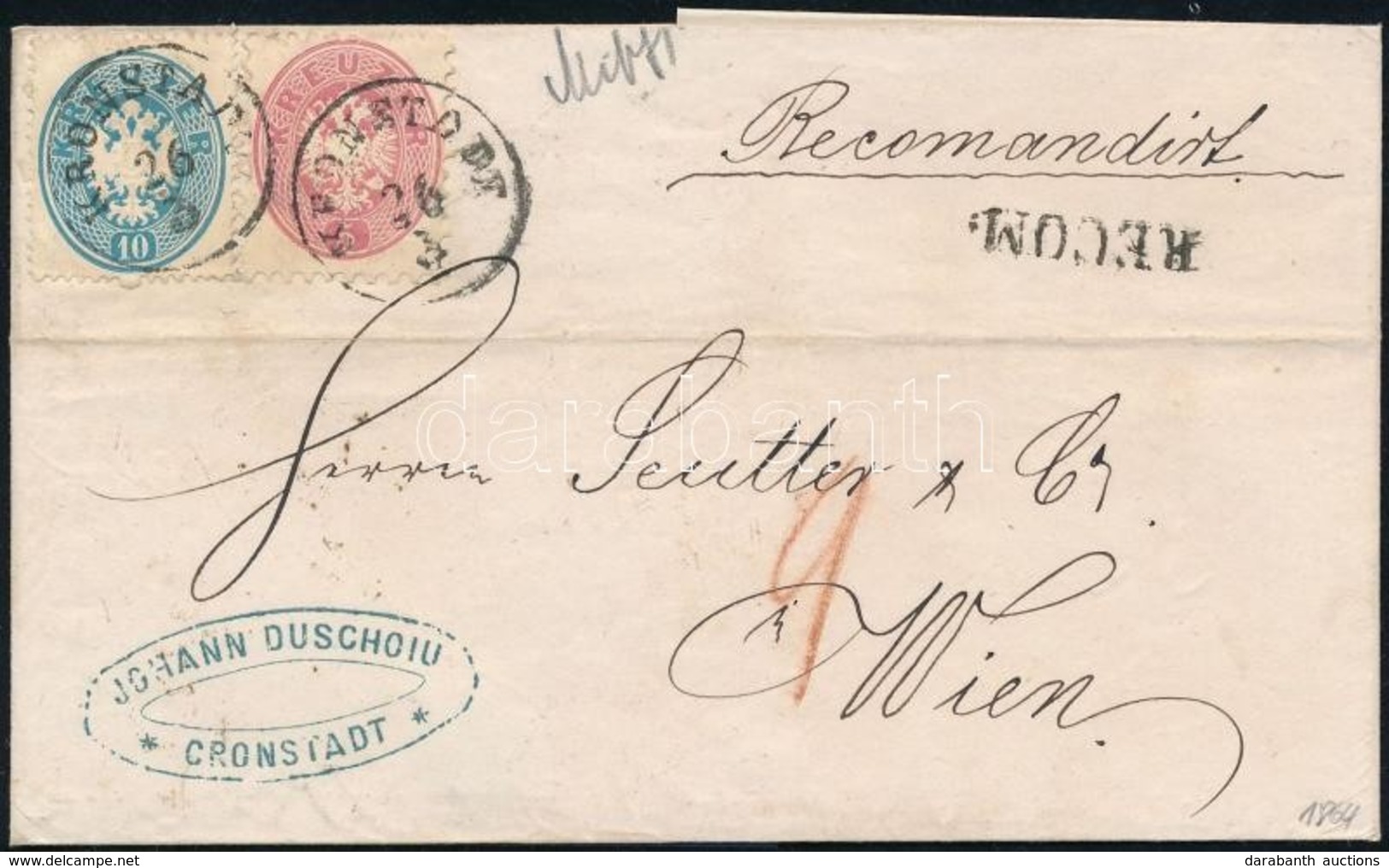 1864 Ajánlott Levél Vegyes Bérmentesítéssel: Előoldalon 1863 10kr + 1864 5kr, Hátoldalon Hiányos 5kr ,,KRONSTADT' + ,,WI - Sonstige & Ohne Zuordnung