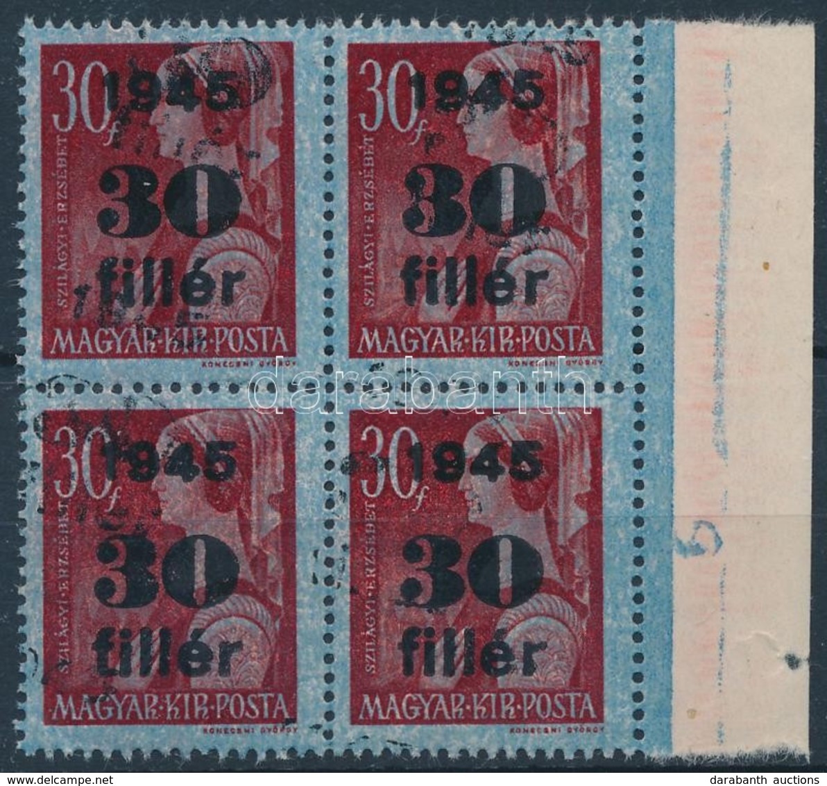 ** 1945 Kisegítő 30f/30f ívszéli Négyestömb Kettős Felülnyomással. Látványos, Ritka Darab! / Mi 789 Block Of 4 With Doub - Other & Unclassified