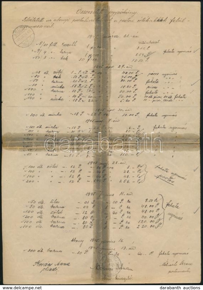 1945 Az Abonyi Felülnyomások Eredeti Postai Jegyzőkönyve A Felülnyomott Mennyiségekkel, Molnár Ferenc Postamester Aláírá - Autres & Non Classés