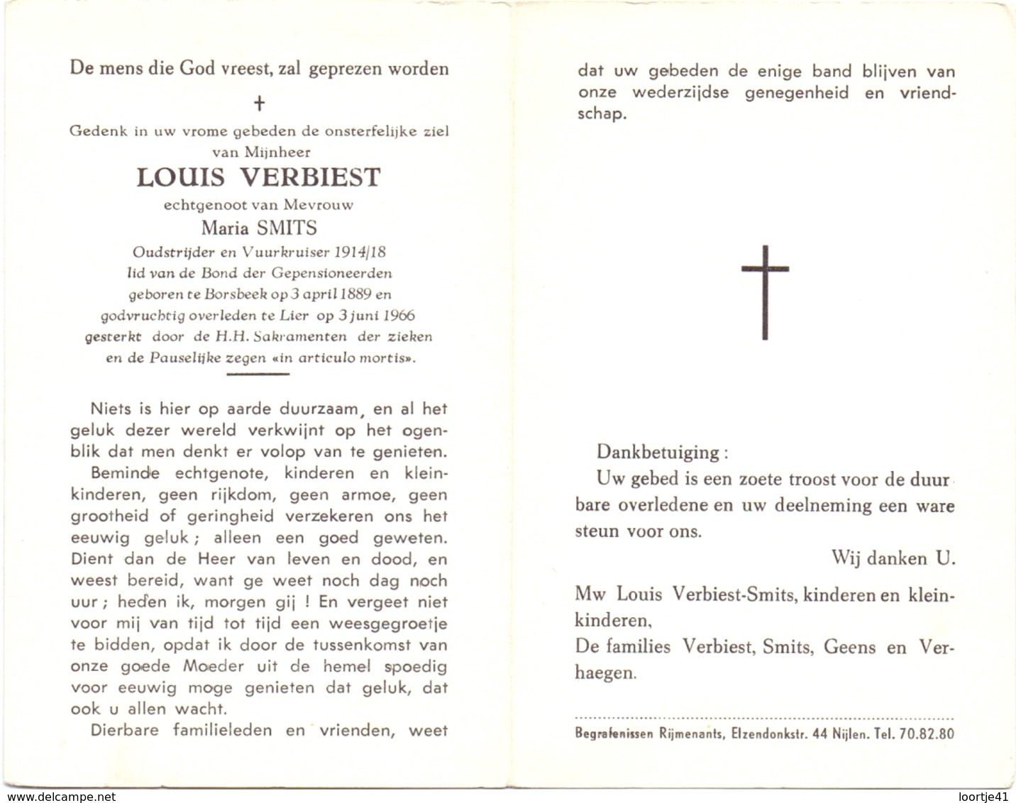 Devotie - Doodsprentje Overlijden - Oudstrijder - Louis Verbiest - Borsbeek 1889 - Lier 1966 - Overlijden