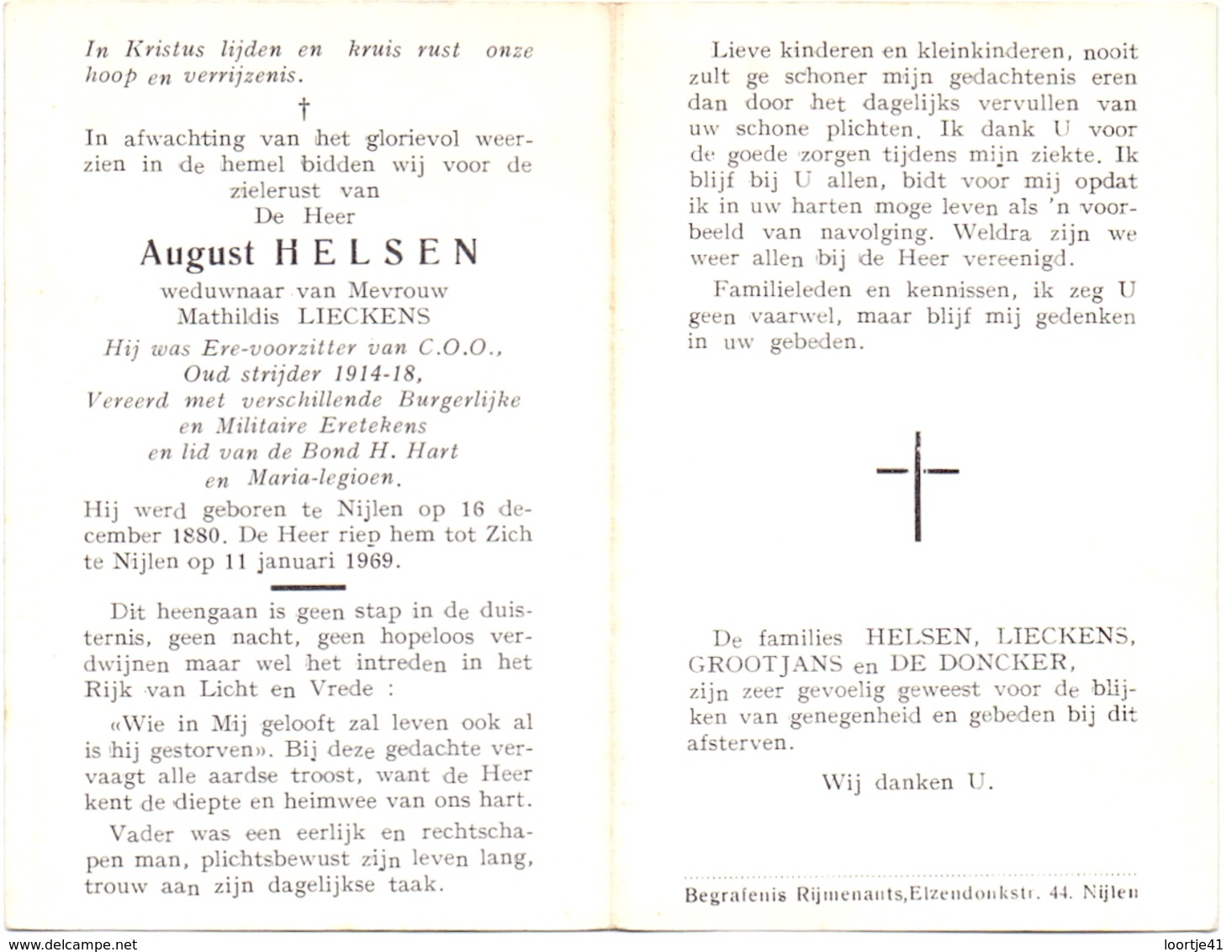 Devotie - Doodsprentje Overlijden - Oudstrijder - August Helsen - Nijlen 1880 - 1969 - Overlijden