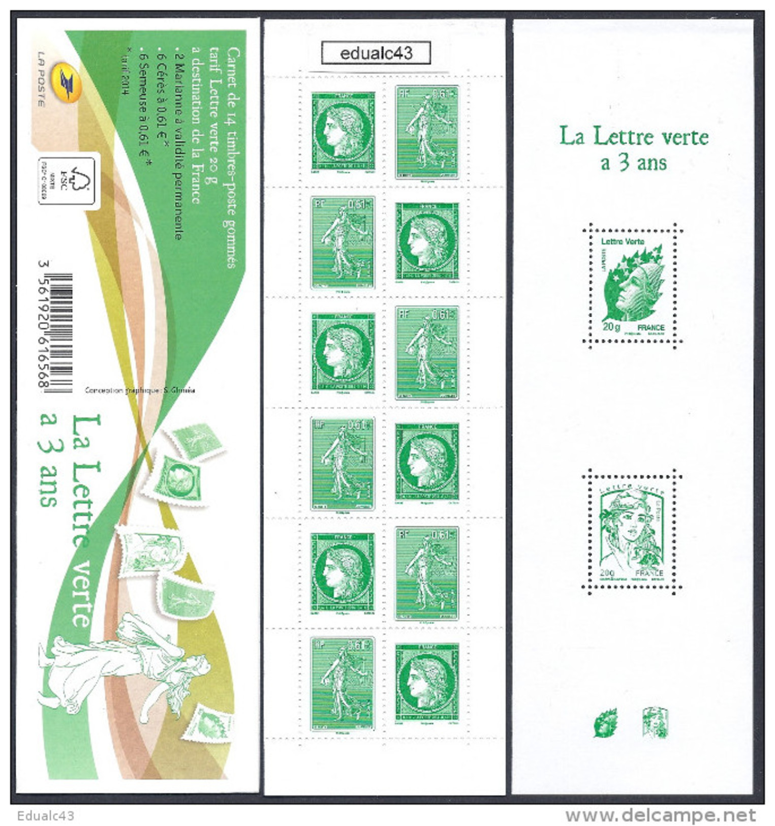 2014 Carnet Adhésif - BC 1521 La LETTRE VERTE A 3 Ans - NEUF - LUXE ** NON Plié - Commemoratives