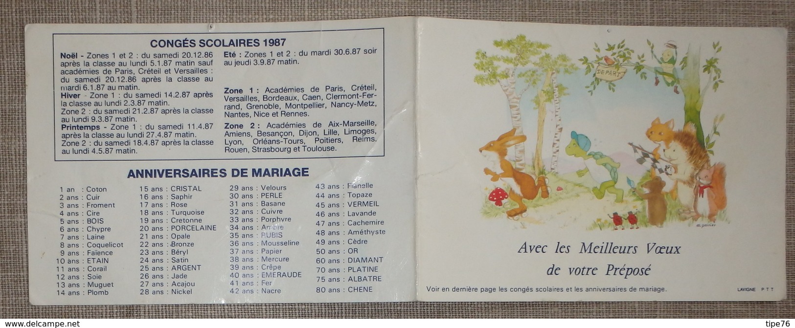 Petit Calendrier Poche 1987 Lavigne PTT Facteur  La Poste Fable Lièvre Tortue écureuil Hérisson Coccinelle Renard.... - Petit Format : 1981-90