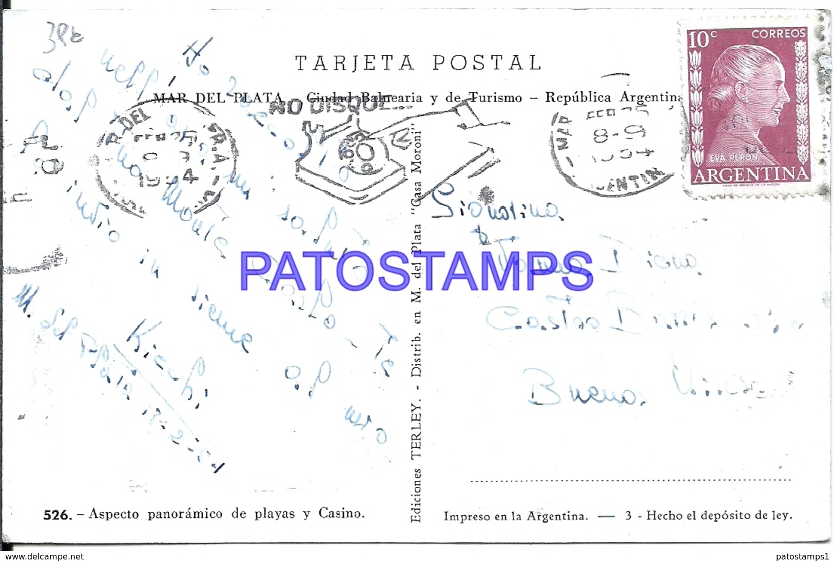 106321 ARGENTINA MAR DEL PLATA PANORAMA DE LA PLAYA Y CASINO ED TERLEY Nº 526 POSTAL POSTCARD - Argentine