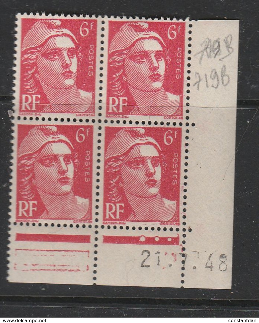 FRANCE N° 721A 6F ROSE CARMINE TYPE MARIANNE DE GANDON COIN DATE DU 21/7/1948 NEUF SANS CHARNIERE - 1950-1959