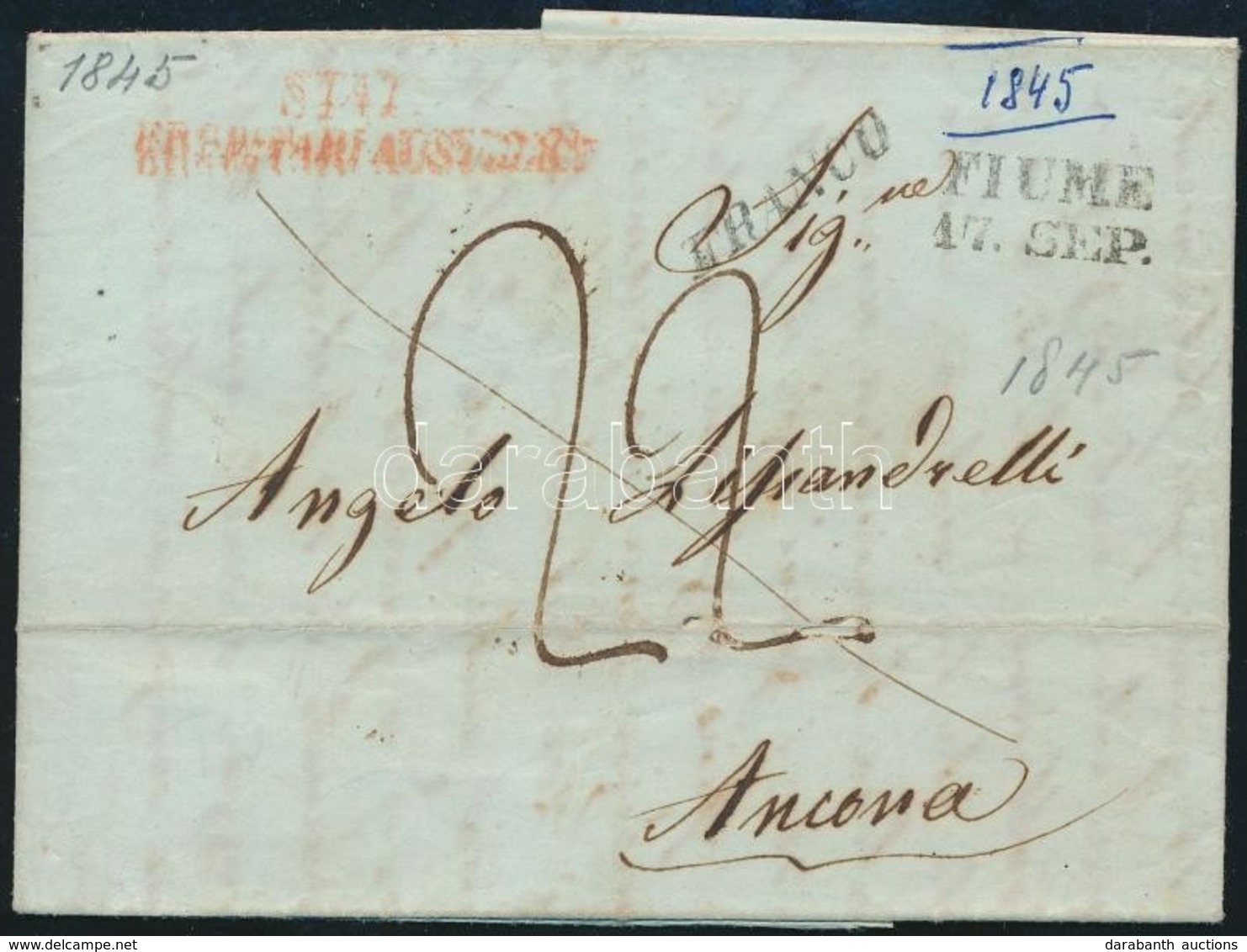 1845 Félportós Levél 'FIUME' - Ancona - Autres & Non Classés