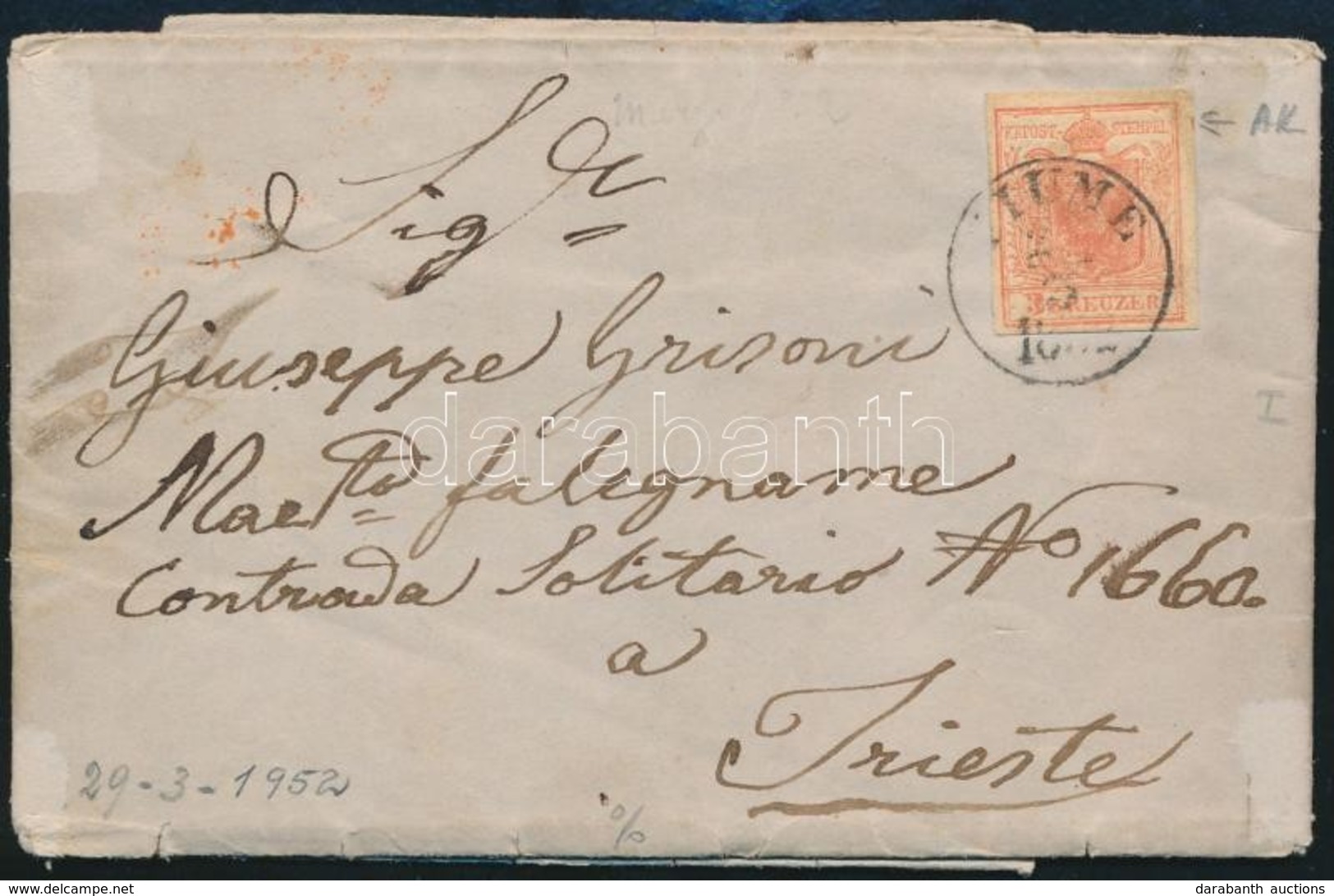 1852 3kr HP I Pici Andráskereszt Végződéssel Levélen 'FIUME' - Piros 'TRISTE' - Other & Unclassified