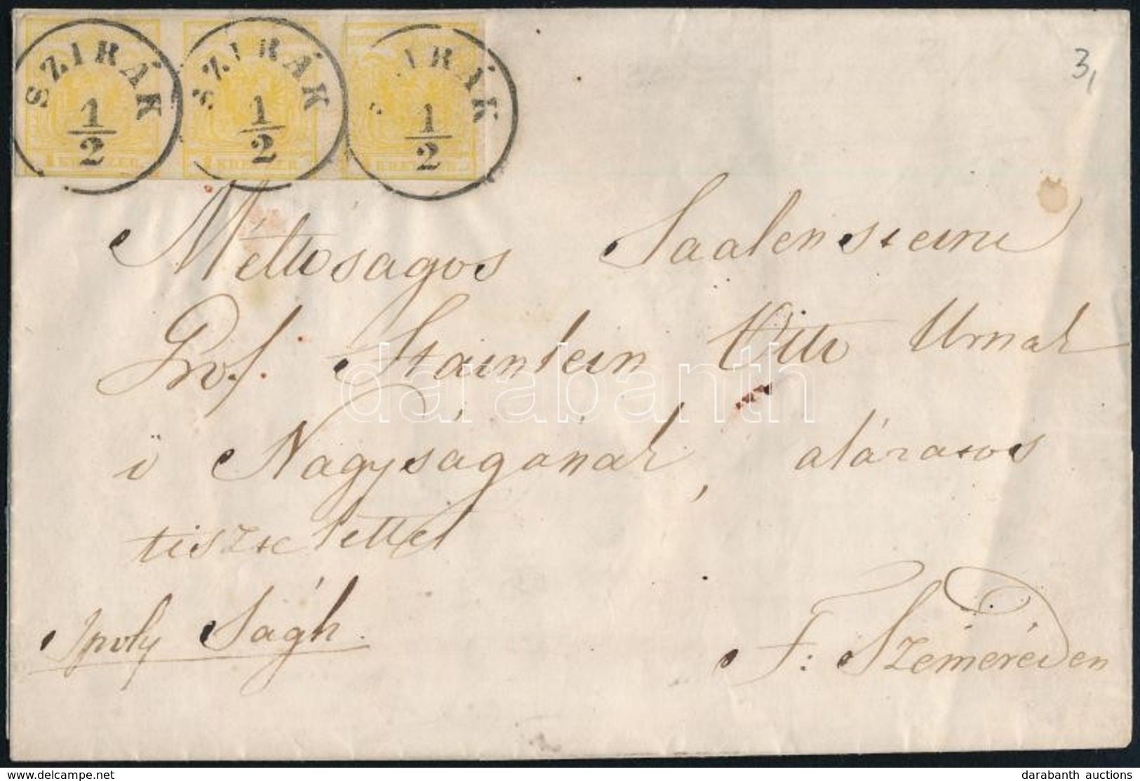 ~1855 1kr MP Hármascsík Levélen / Stripe Of 3 On Cover 'SZIRÁK' - 'RÉTSÁGH' - 'IPOLYSÁG' - F. Szemeréd - Autres & Non Classés