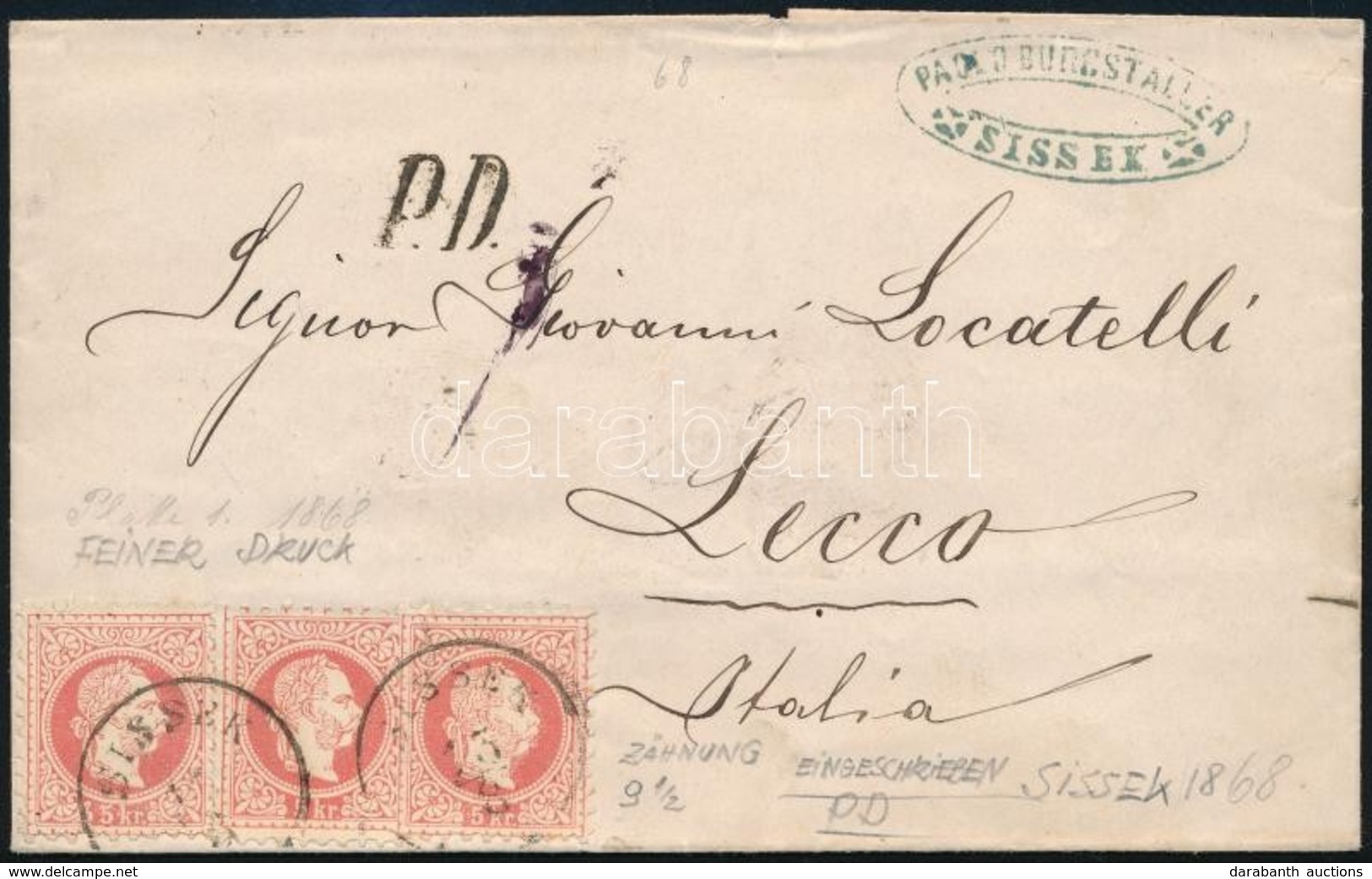 1868 3 X 5kr Levélen Olaszországba / On Cover To Italy 'SISSEK' - Lecco - Sonstige & Ohne Zuordnung