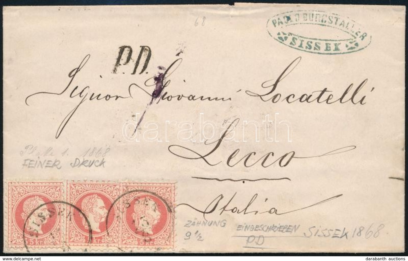 1868 3 X 5kr Levélen Olaszországba / On Cover To Italy 'SISSEK' - Lecco - Autres & Non Classés