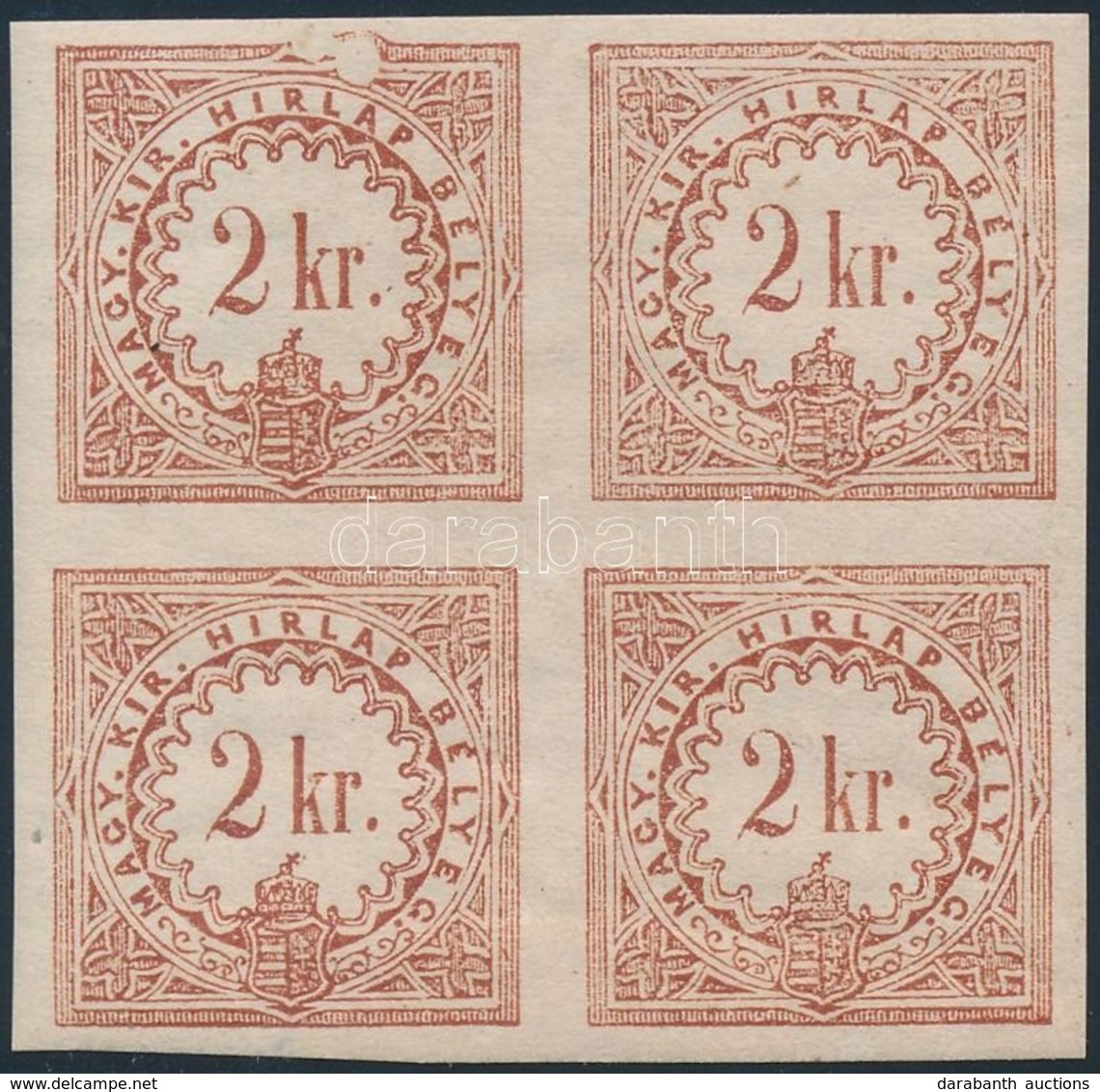 ** * 1868 Hírlapilleték 2kr Négyestömb  Ritka Rézvörös árnyalat, 'kalapácsfej' Lemezhibával, A 2 Felső Bélyeg Postatiszt - Autres & Non Classés