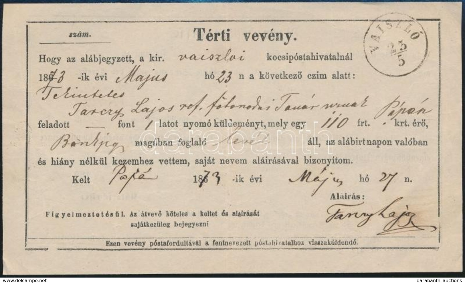 1873 Tértivevény 'VAISZLÓ' - Sonstige & Ohne Zuordnung