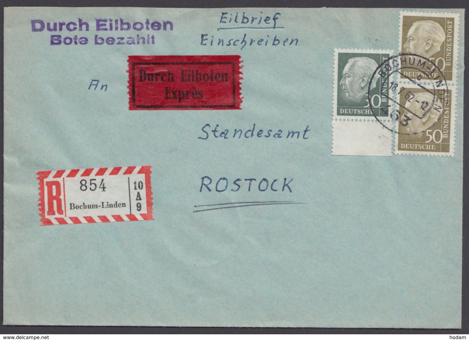 259x, 261, Randstück Und Senkr. Paar, R-Eilboten Nach Rostock, Mit Ankunft - Briefe U. Dokumente