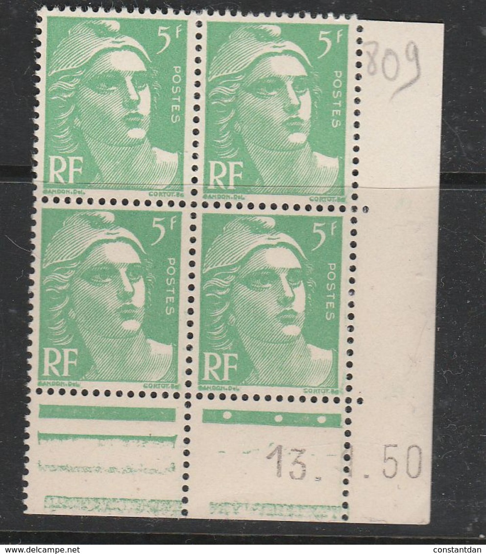 FRANCE N° 809 5F VERT CLAIR TYPE MARIANNE DE GANDON COIN DATE DU 13.1.1950 NEUF SANS CHARNIERE - 1950-1959