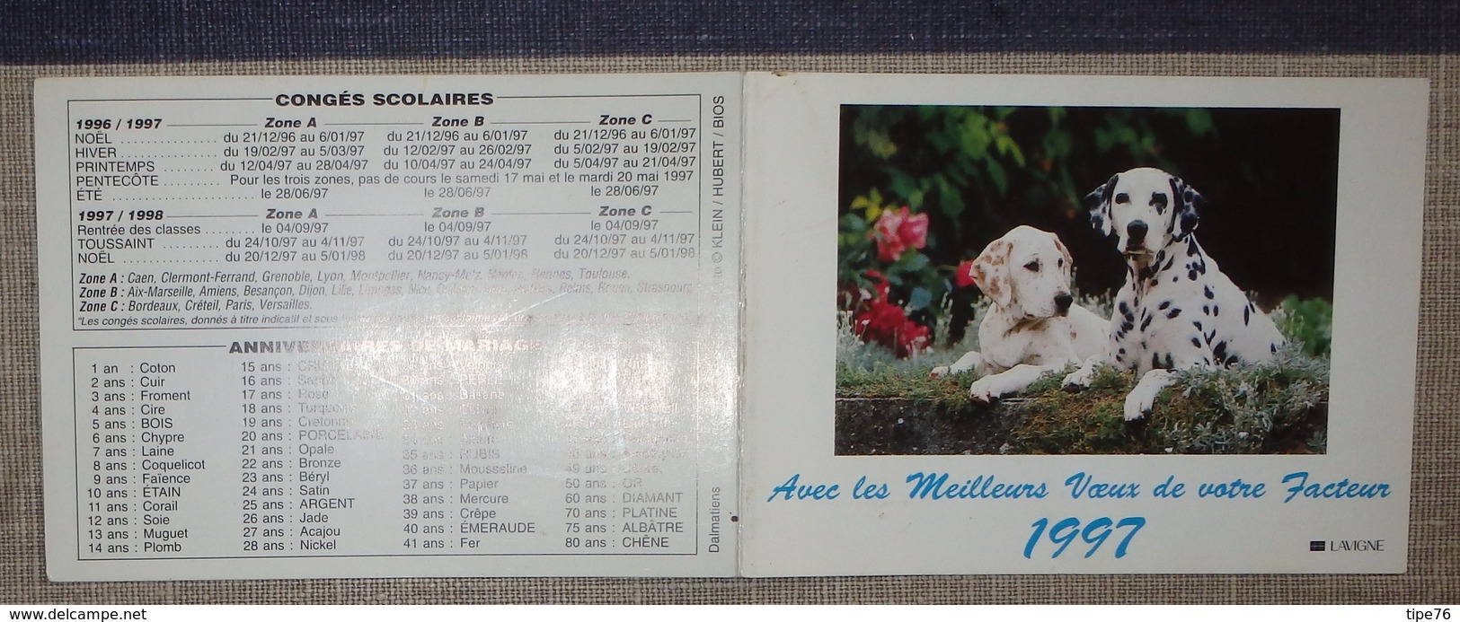 Petit Calendrier Poche 1997 Lavigne PTT Facteur  La Poste Chien Dalmatien - Petit Format : 1991-00