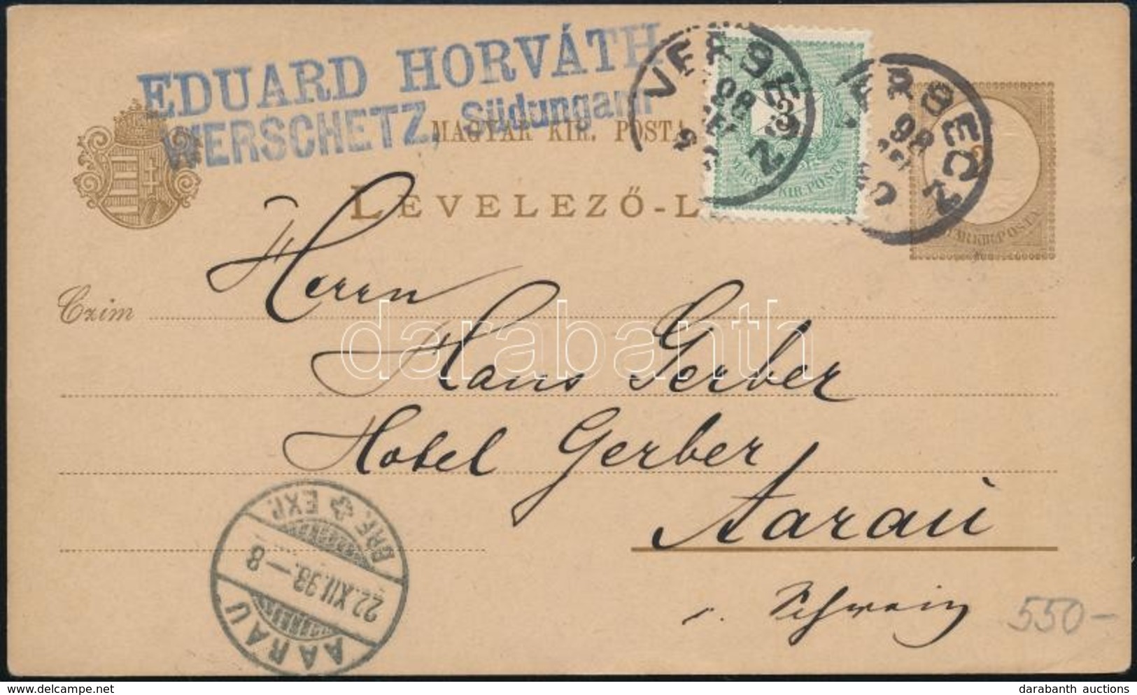 1898 2kr Díjjegyes Levelezőlap 3kr Díjkiegészítéssel Svájcba / 2kr PS-card With 2kr Additional Franking To Aarau 'VERSEC - Other & Unclassified
